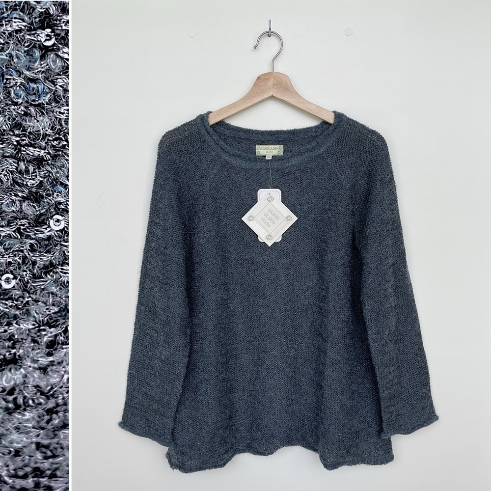 SIGRID OLSEN Studio Sequin Sweater Blend Wool Relaxed Long Sleeves Stretch Blue